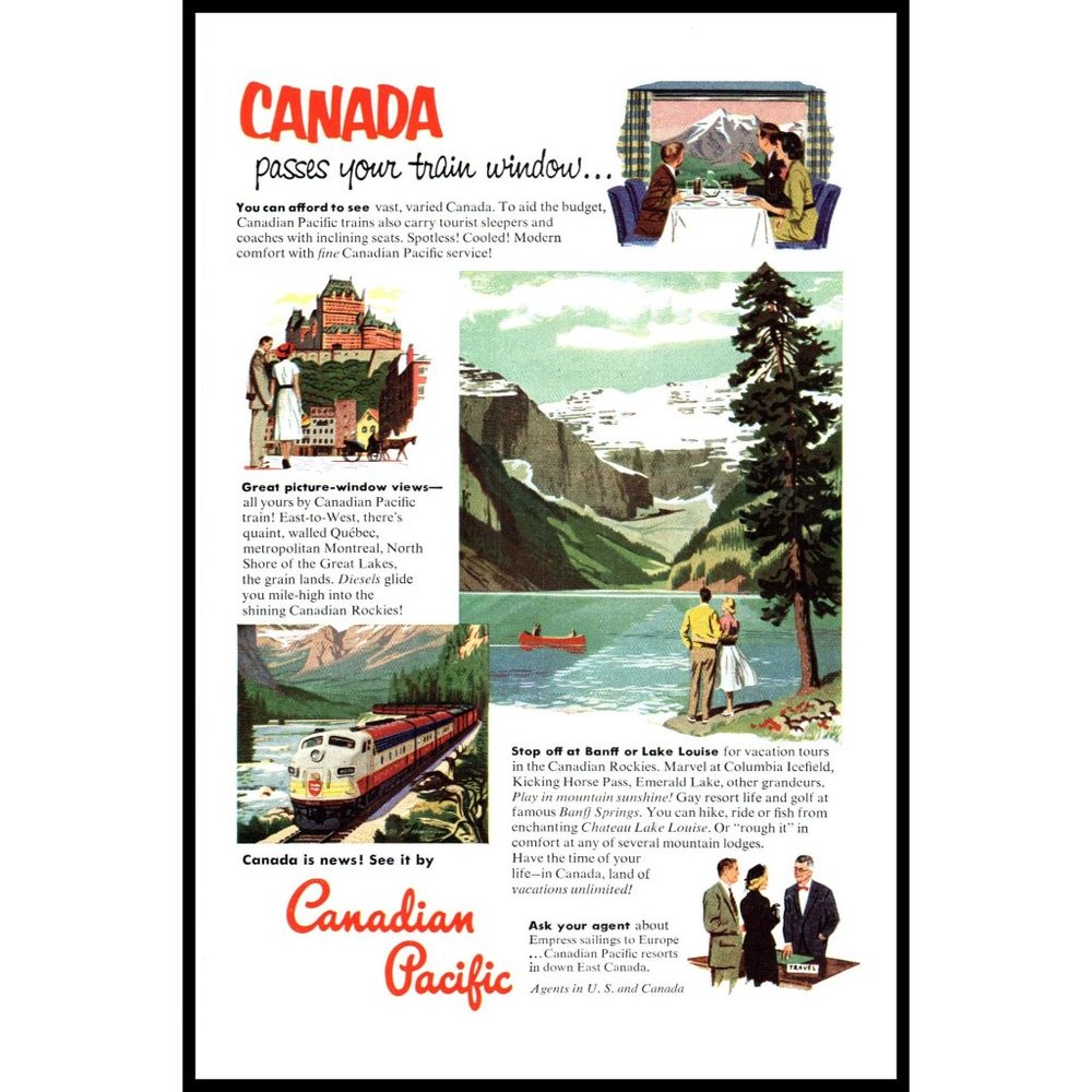 1953 Canadian Pacific Trains Vacation Vintage Print Ad Banff Lake Louise Art